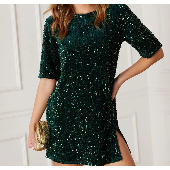 4th and Reckless Dresses & Skirts - 4th and Reckless Marca Emerald Green Sequin Tie-Back Short Sleeve Shift Dress L